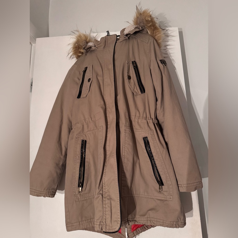 STEVE MADDEN Coat Khaki Beige Faux Fur Removable Hood Full Zip Warm (SMALL)